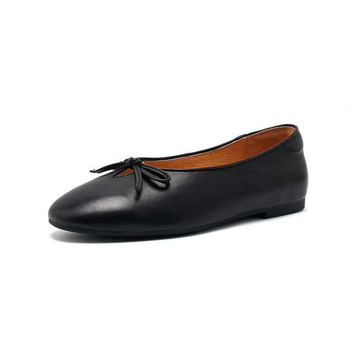 Ballerines en cuir avec nœud pour femmes, faites main, classiques, pour tous les jours en noir/beige