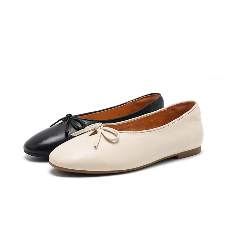Ballerines en cuir avec nœud pour femmes, faites main, classiques, pour tous les jours en noir/beige