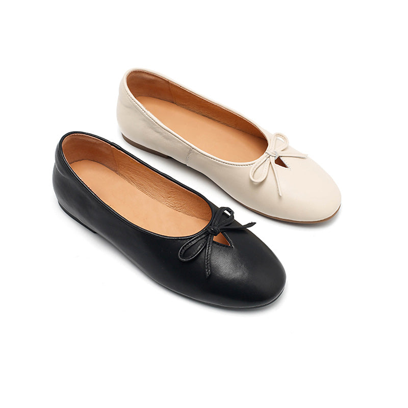 Ballerines en cuir avec nœud pour femmes, faites main, classiques, pour tous les jours en noir/beige