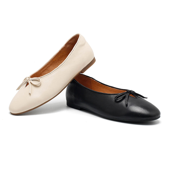 Ballerines en cuir avec nœud pour femmes, faites main, classiques, pour tous les jours en noir/beige