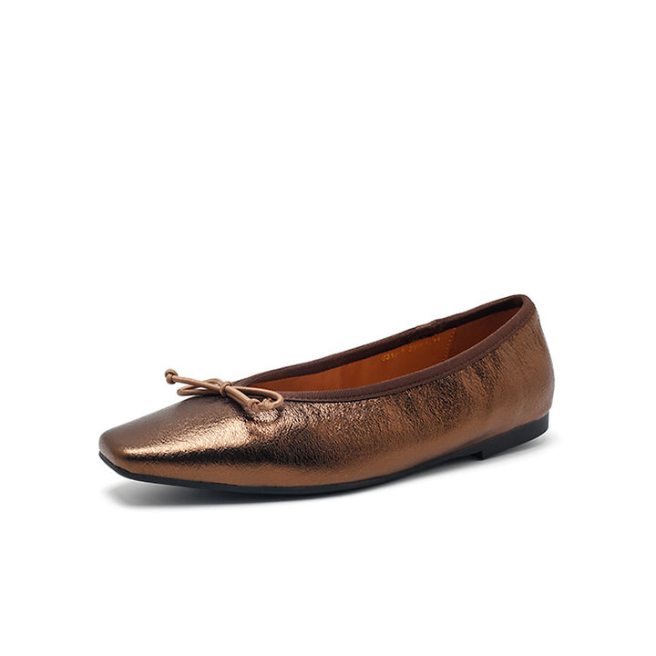Ballerines en cuir métallisé avec nœud, à bout carré, rétro en noir/argent/bronze