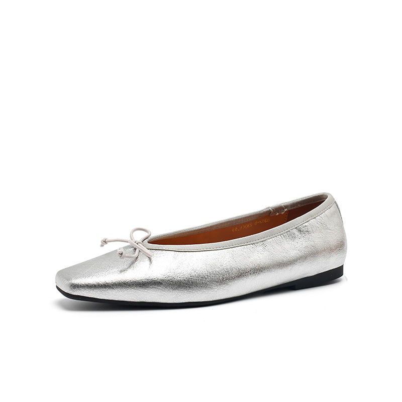 Ballerines en cuir métallisé avec nœud, à bout carré, rétro en noir/argent/bronze