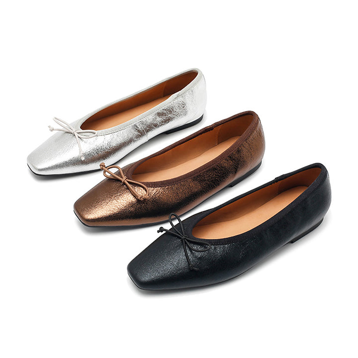 Ballerines en cuir métallisé avec nœud, à bout carré, rétro en noir/argent/bronze
