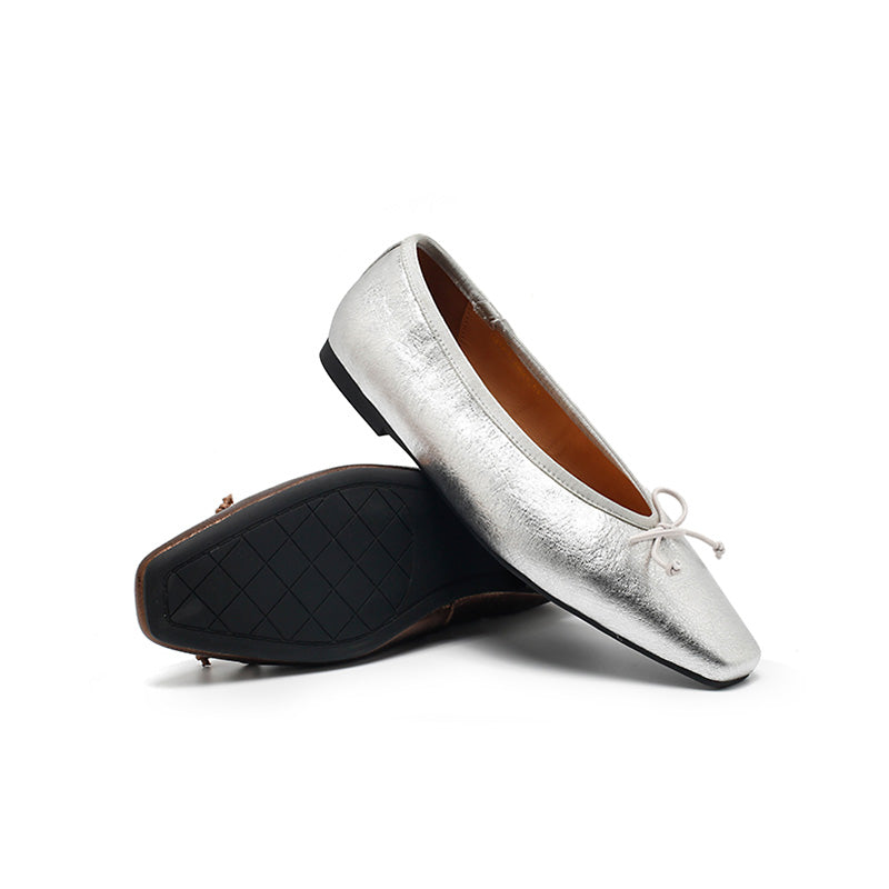 Ballerines en cuir métallisé avec nœud, à bout carré, rétro en noir/argent/bronze