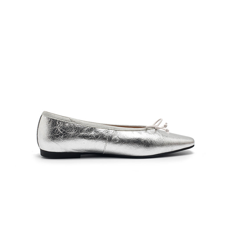Ballerines en cuir métallisé avec nœud, à bout carré, rétro en noir/argent/bronze