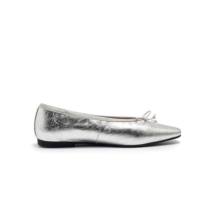 Ballerines en cuir métallisé avec nœud, à bout carré, rétro en noir/argent/bronze