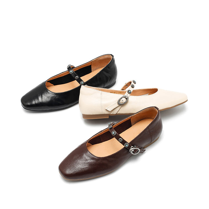 Ballerines Mary Jane élégantes en cuir de mouton faites main pour femmes en café/beige/noir