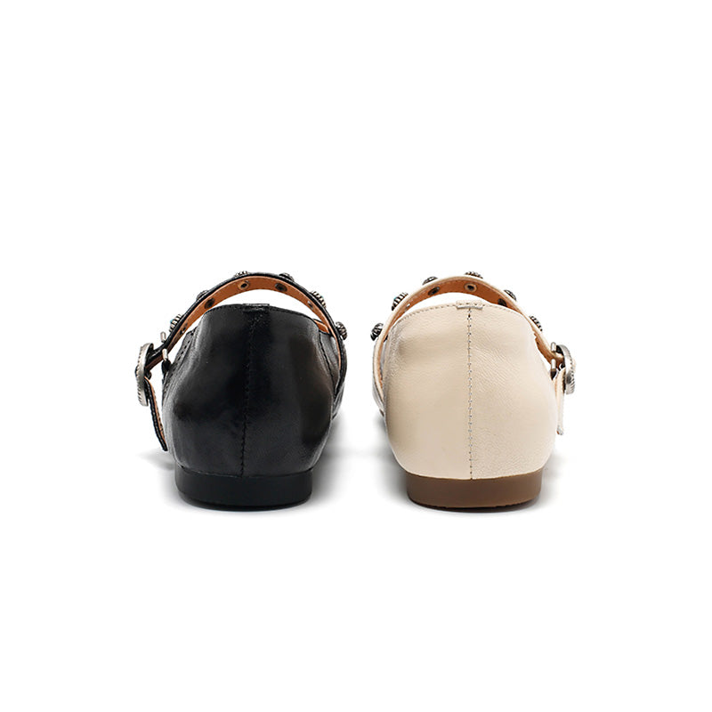 Ballerines Mary Jane élégantes en cuir de mouton faites main pour femmes en café/beige/noir