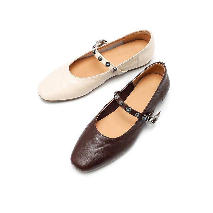 Ballerines Mary Jane élégantes en cuir de mouton faites main pour femmes en café/beige/noir