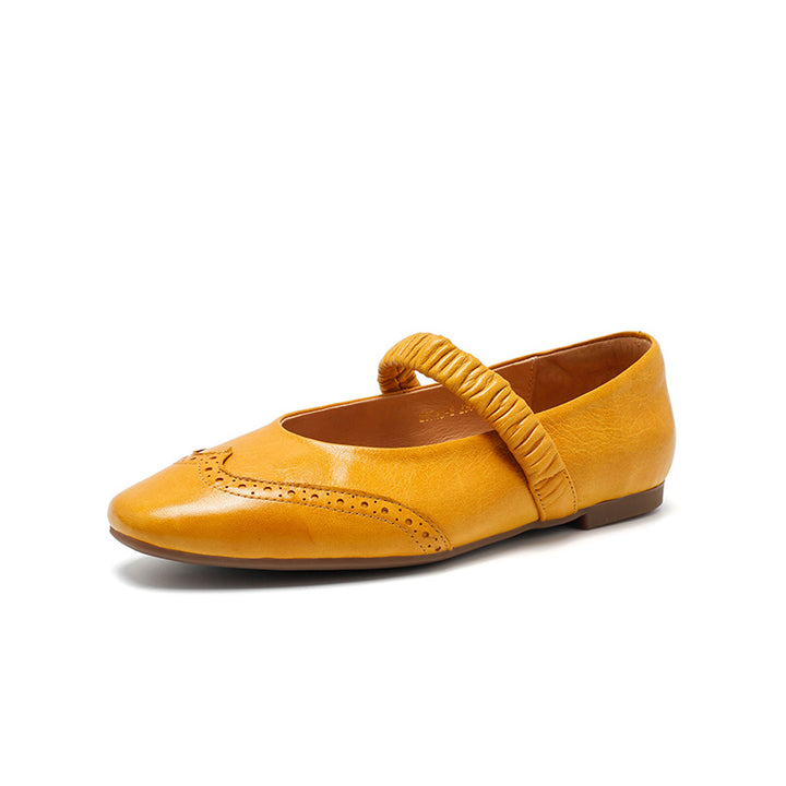 Ballerines Mary Jane vintage en cuir de mouton faites main en champagne/noir/jaune