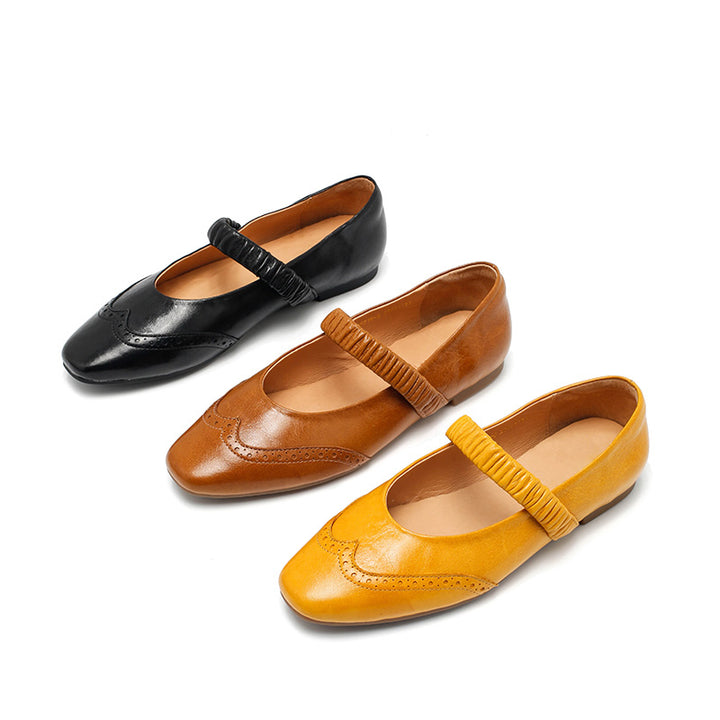 Ballerines Mary Jane vintage en cuir de mouton faites main en champagne/noir/jaune