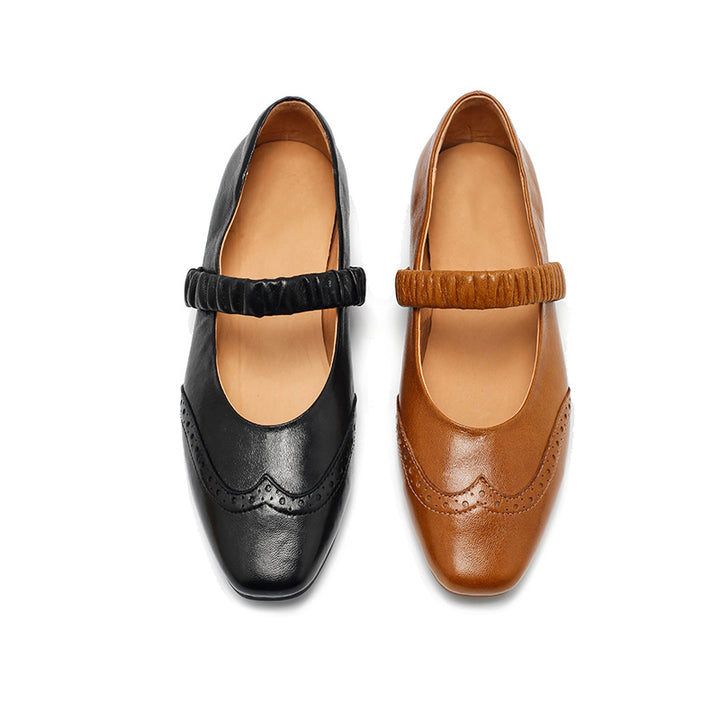 Ballerines Mary Jane vintage en cuir de mouton faites main en champagne/noir/jaune