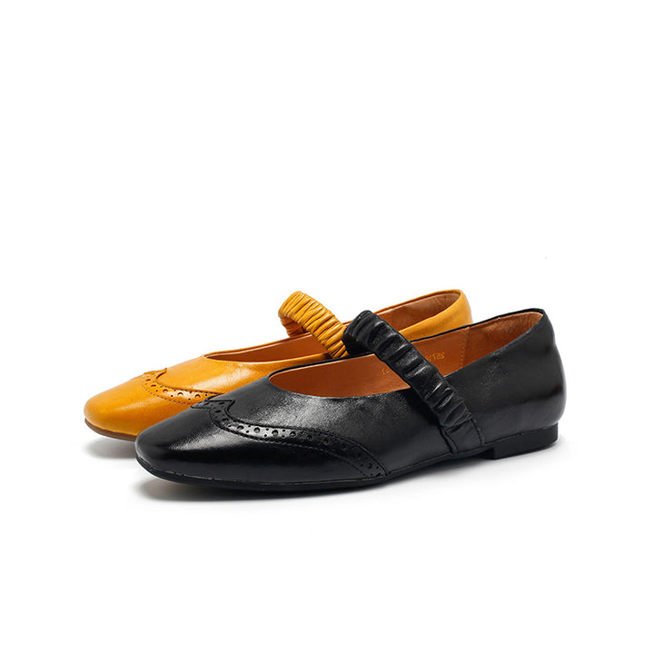 Ballerines Mary Jane vintage en cuir de mouton faites main en champagne/noir/jaune