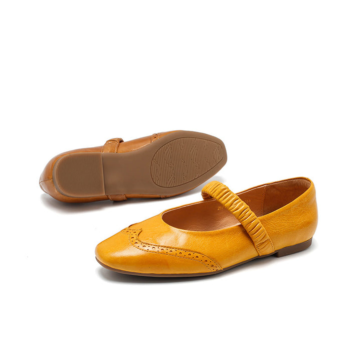 Ballerines Mary Jane vintage en cuir de mouton faites main en champagne/noir/jaune