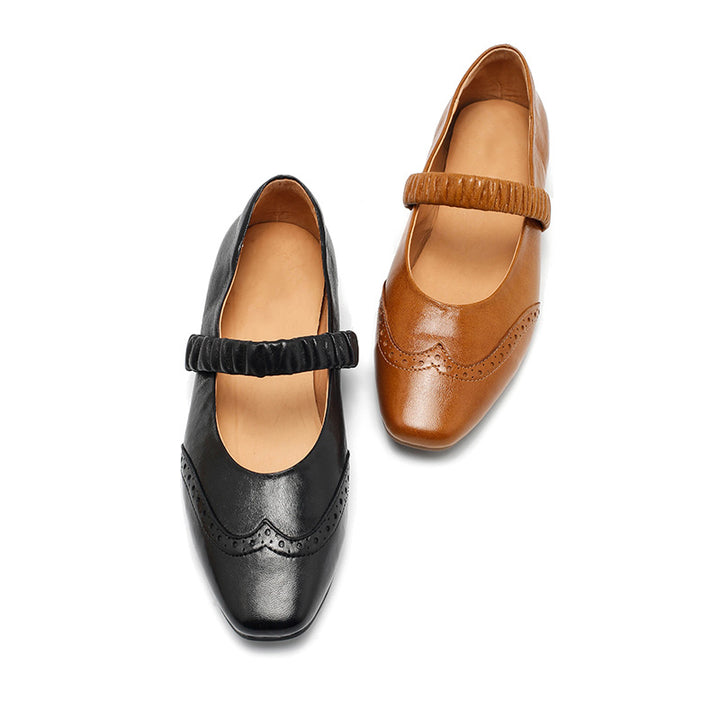 Ballerines Mary Jane vintage en cuir de mouton faites main en champagne/noir/jaune