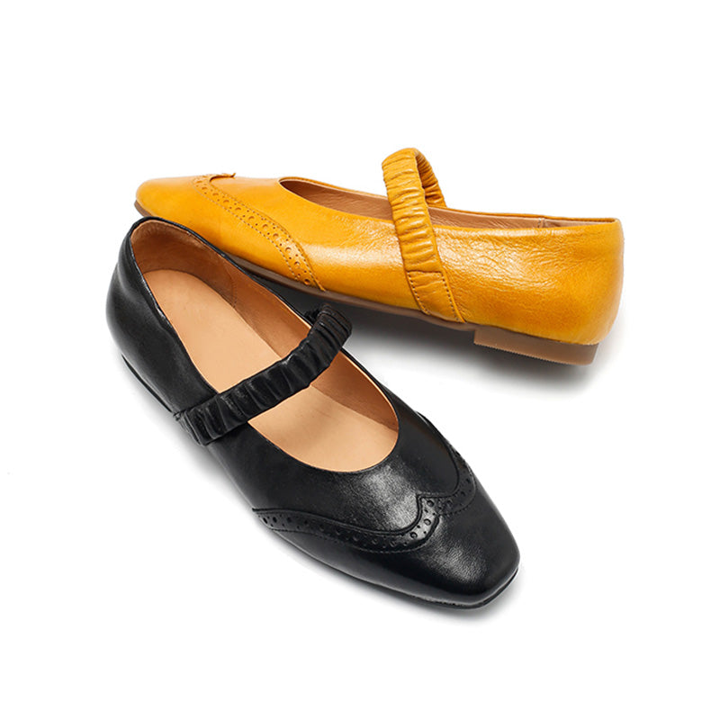 Ballerines Mary Jane vintage en cuir de mouton faites main en champagne/noir/jaune