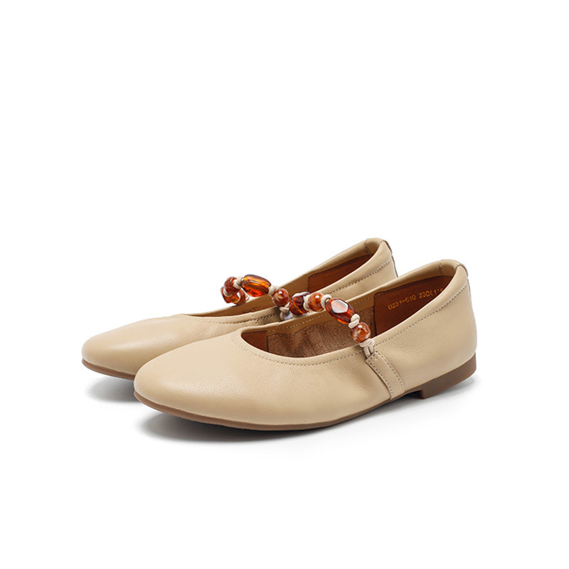 Ballerines Mary Jane en cuir nappa avec sangle perlée, à bout amande en noir/abricot clair