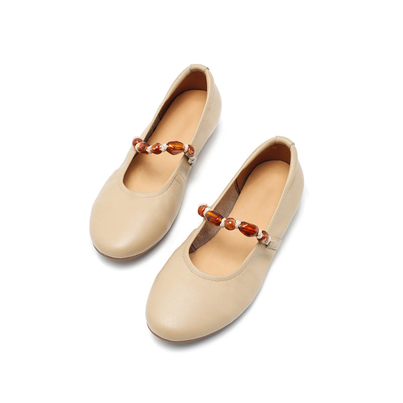 Ballerines Mary Jane en cuir nappa avec sangle perlée, à bout amande en noir/abricot clair