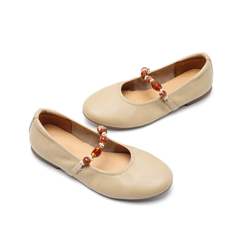 Ballerines Mary Jane en cuir nappa avec sangle perlée, à bout amande en noir/abricot clair