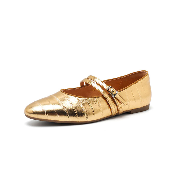 Ballerines Mary Jane en cuir texturé pour femmes, à double sangle en or/noir/marron