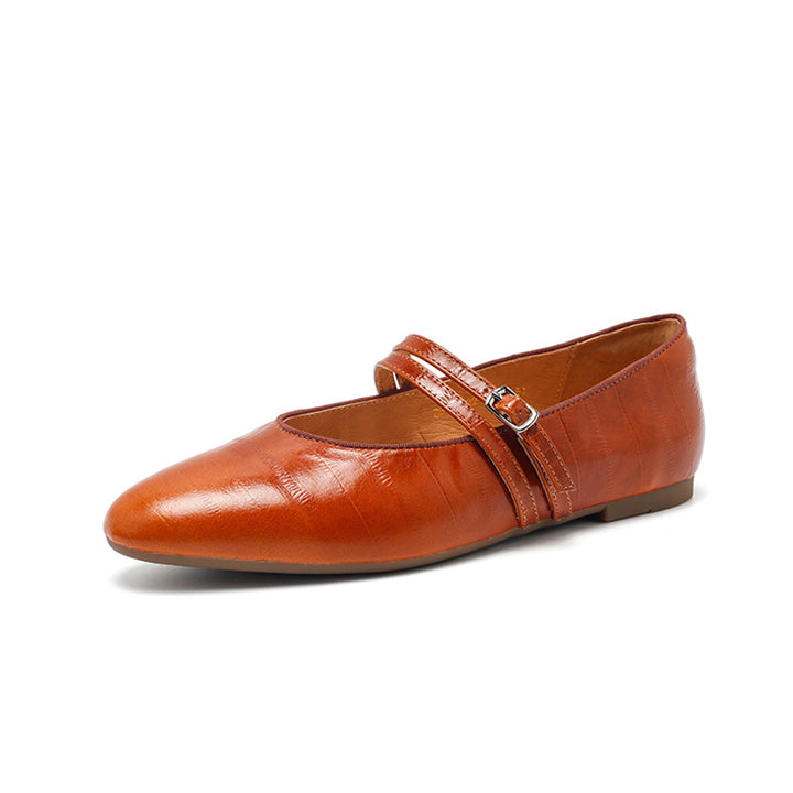 Ballerines Mary Jane en cuir texturé pour femmes, à double sangle en or/noir/marron