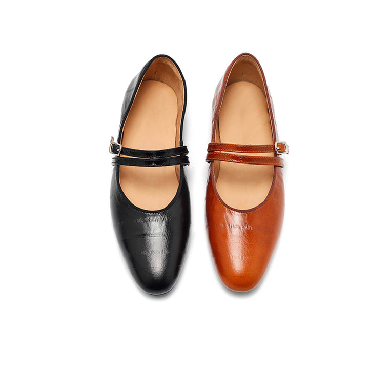 Ballerines Mary Jane en cuir texturé pour femmes, à double sangle en or/noir/marron