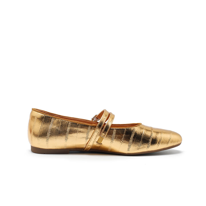 Ballerines Mary Jane en cuir texturé pour femmes, à double sangle en or/noir/marron