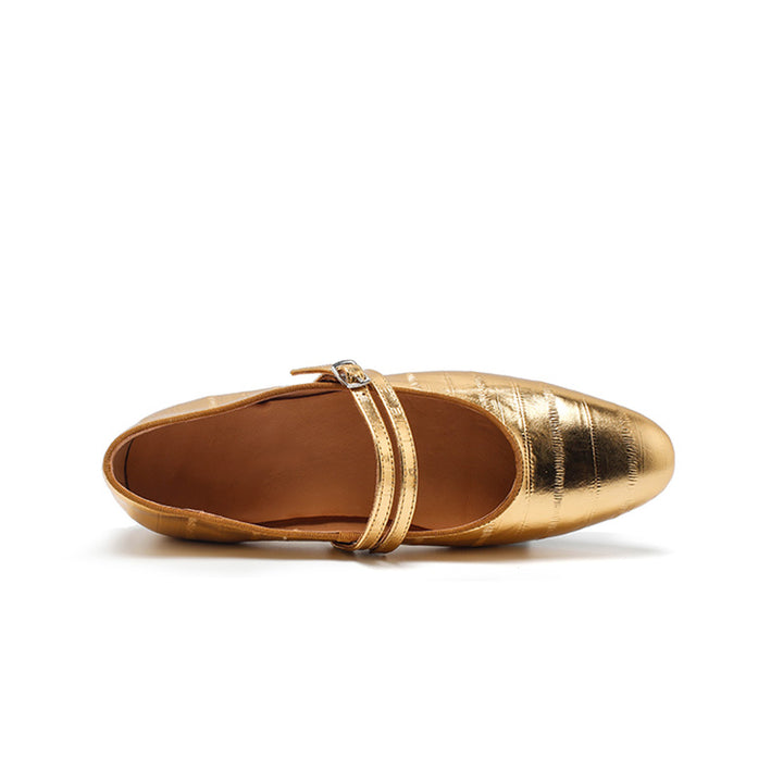 Ballerines Mary Jane en cuir texturé pour femmes, à double sangle en or/noir/marron
