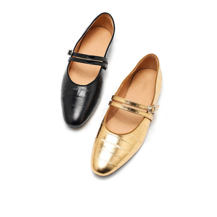 Ballerines Mary Jane en cuir texturé pour femmes, à double sangle en or/noir/marron