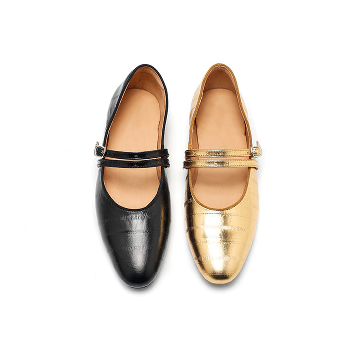 Ballerines Mary Jane en cuir texturé pour femmes, à double sangle en or/noir/marron