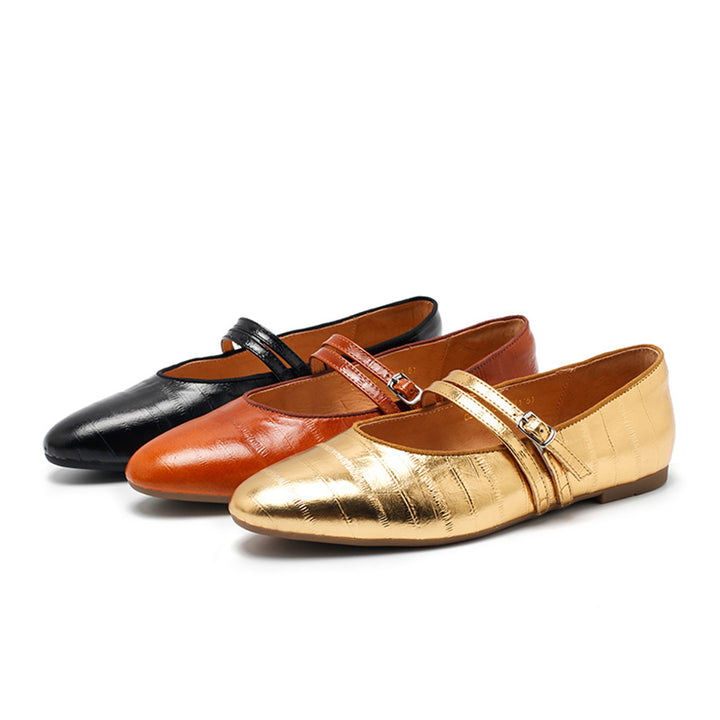 Ballerines Mary Jane en cuir texturé pour femmes, à double sangle en or/noir/marron