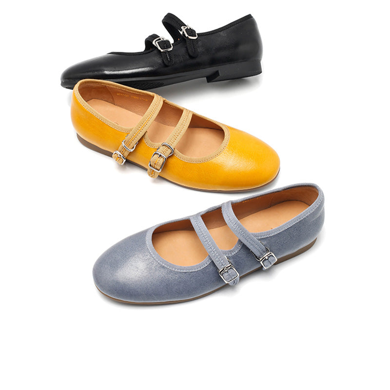 Ballerines Mary Jane en peau de mouton faites à la main pour femmes en champagne/noir/bleu/jaune