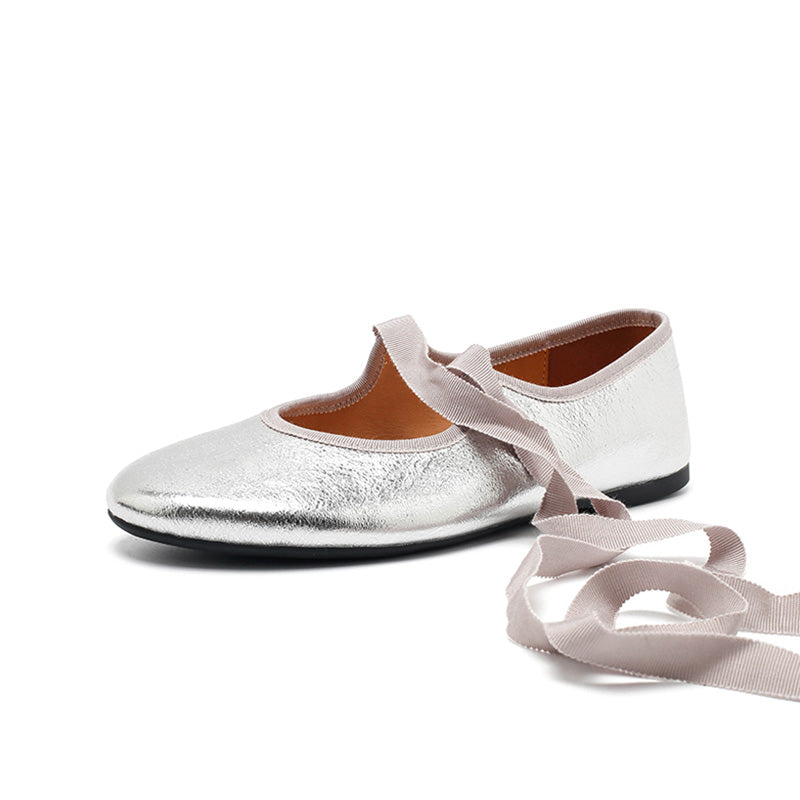 Ballerines en cuir de vache souple faites à la main avec lien en ruban en argent/noir/bronze