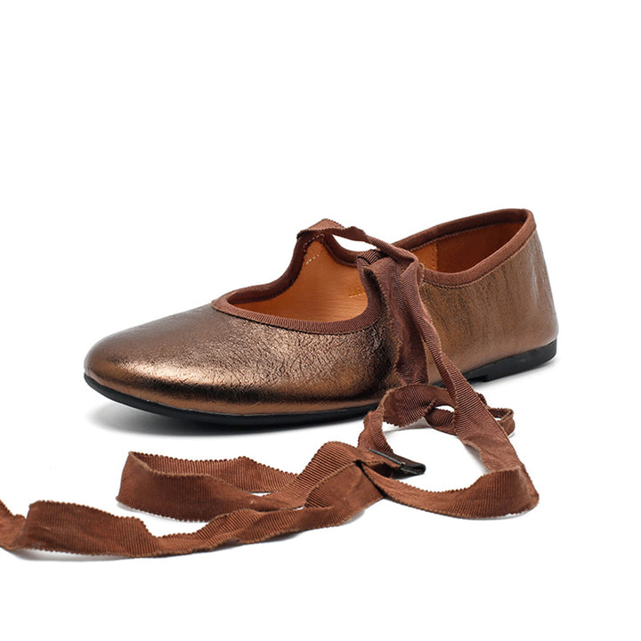 Ballerines en cuir de vache souple faites à la main avec lien en ruban en argent/noir/bronze