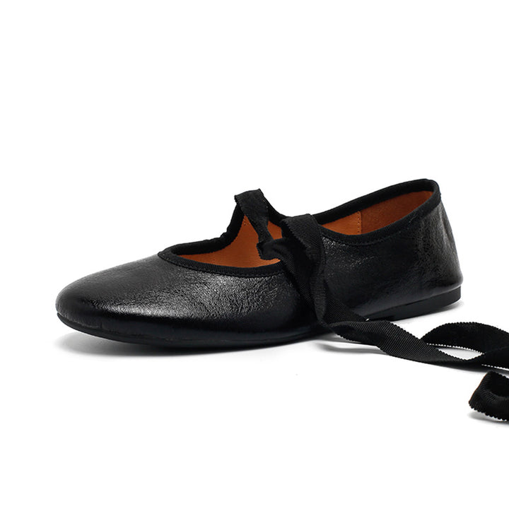 Ballerines en cuir de vache souple faites à la main avec lien en ruban en argent/noir/bronze