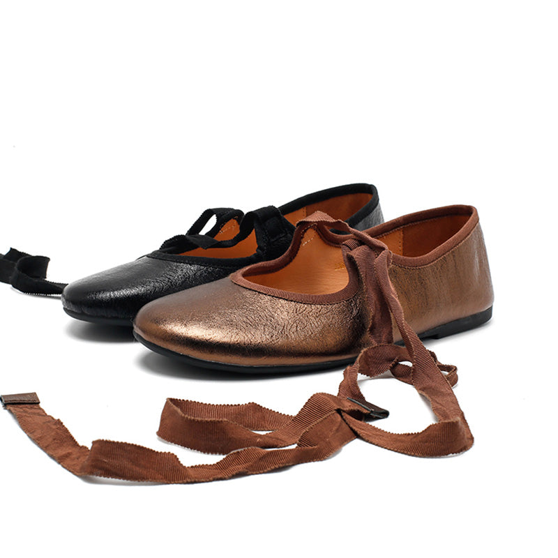 Ballerines en cuir de vache souple faites à la main avec lien en ruban en argent/noir/bronze