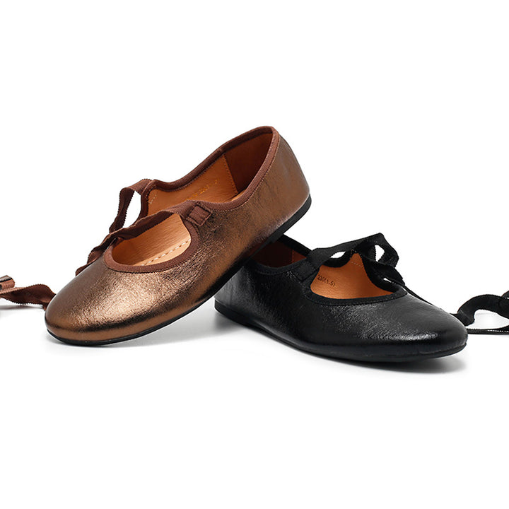 Ballerines en cuir de vache souple faites à la main avec lien en ruban en argent/noir/bronze