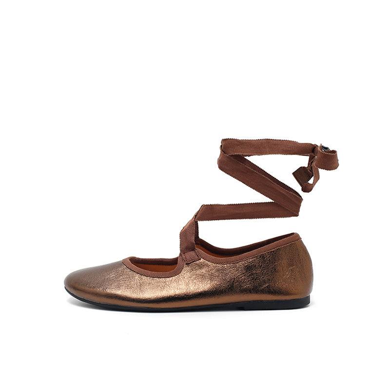 Ballerines en cuir de vache souple faites à la main avec lien en ruban en argent/noir/bronze