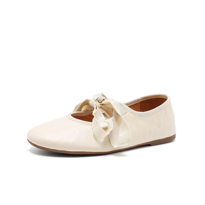 Ballerines en cuir souple faites à la main avec nœud en ruban en beige/noir/café