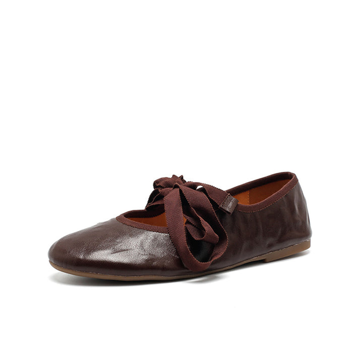 Ballerines en cuir souple faites à la main avec nœud en ruban en beige/noir/café