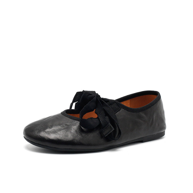 Ballerines en cuir souple faites à la main avec nœud en ruban en beige/noir/café
