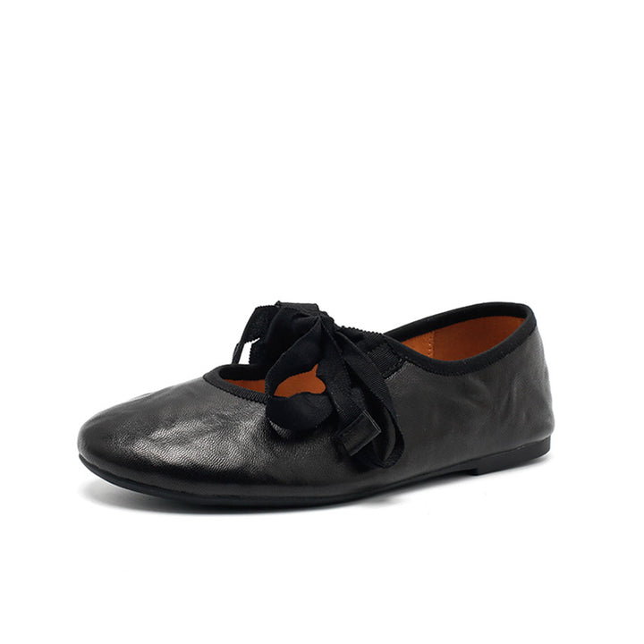 Ballerines en cuir souple faites à la main avec nœud en ruban en beige/noir/café