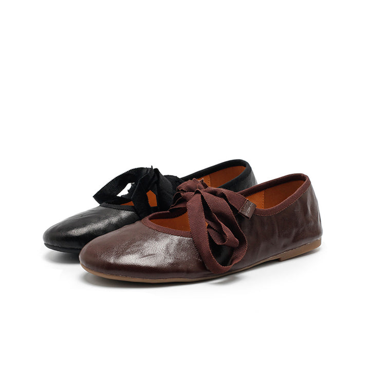Ballerines en cuir souple faites à la main avec nœud en ruban en beige/noir/café