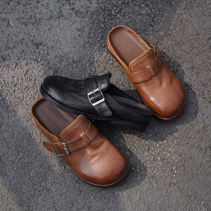 Mules en cuir de cheval lavé faites à la main pour femmes en marron/noir