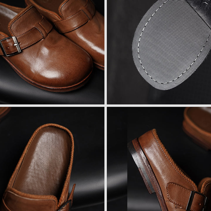 Mules en cuir de cheval lavé faites à la main pour femmes en marron/noir