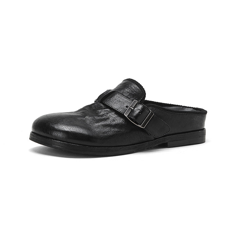Mules en cuir de cheval lavé faites à la main pour femmes en marron/noir