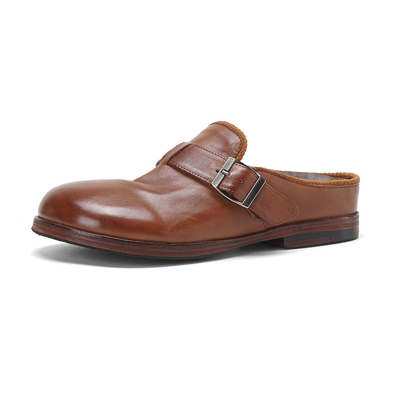 Mules en cuir de cheval lavé faites à la main pour femmes en marron/noir