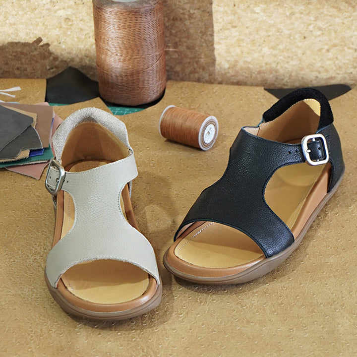 Sandales en cuir ouvertes pour femmes avec boucle plates décontractées pour l&