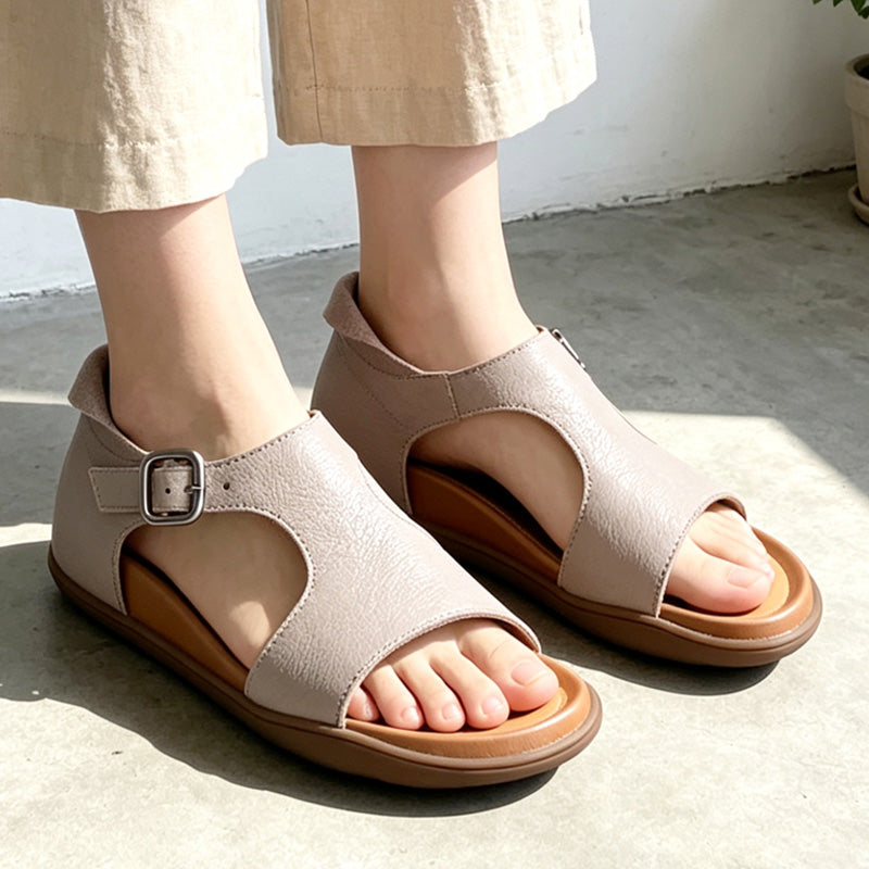 Sandales en cuir ouvertes pour femmes avec boucle plates décontractées pour l&