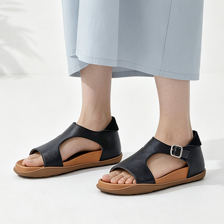 Sandales en cuir ouvertes pour femmes avec boucle plates décontractées pour l&